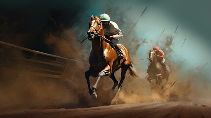 Racing horse and jockey in mid-race with a dramatic dust cloud. Concept of animal speed, competitive riding, horse racing, and sporting event.