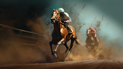 Poster Racing horse and jockey in mid-race with a dramatic dust cloud. Concept of animal speed, competitive riding, horse racing, and sporting event. © Jafree