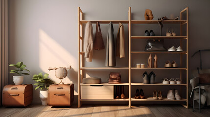 A stylish multipurpose storage rack in a bedroom, showcasing shoes, handbags, and accessories, adding both functionality and aesthetic appeal to the room.