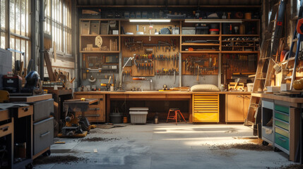 A neatly organized workshop with a carpenter's bench, woodworking tools, and sawdust on the floor - obrazy, fototapety, plakaty