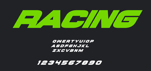 Racing alphabet. Speed sport font, automotive type for modern dynamic logo, headline, auto car branding, motorsport, typography, gaming packaging. Wide bold italic letters, vector typographic design