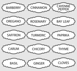 Cardboard stickers or labels for jars of spices and herbs.Set of 15 vector stickers with names of spices in English.Organization of pantry space. 