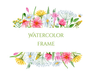Watercolor rustic border frame with chamomile, coneflower, dandelion, yarrow and bee - obrazy, fototapety, plakaty