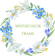 Obraz na płótnie Canvas Watercolor wreath with wildflowers, chamomile, bluebell, forget-me-not, cornflower and grass