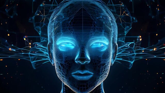 Glowing robotic human face on a dark background with neon blue lines. Technology concept, futuristic design, internet and neural networks conquer the world