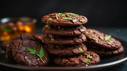 Delicious chocolate cookies, marijuana leaf sweet delicious