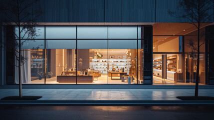 A modern and minimalist storefront with large display windows showcasing high-end products