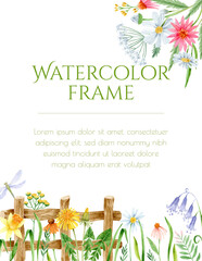 Watercolor rustic frame with wooden fence, dragonfly, wildflowers
