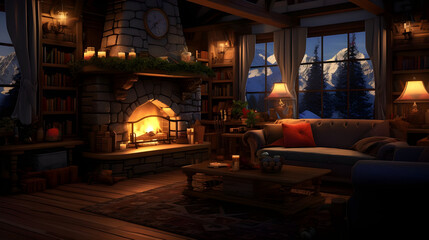 A cozy living room with a fireplace, where a happy family gathers around, sharing laughter and stories. 