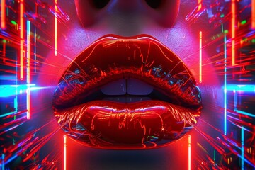 Futuristic cyberpunk background with red lips and neon lights