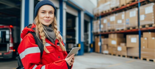 Female manager overseeing loading of cardboard boxes into delivery truck outside warehouse
