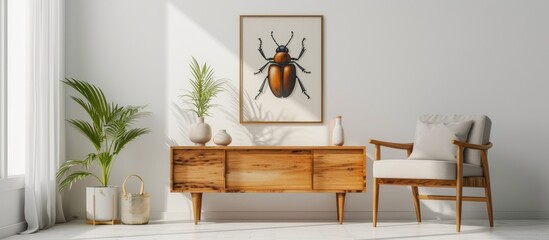 Minimalist style with beautiful beetle and herb artwork, retro chair, and wooden table in a bright, flat interior.