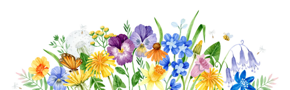 Watercolor wildflower banner with pansies, daffodils, bluebells, coneflowers, butterfly and bee