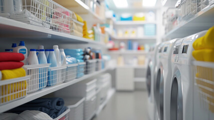 An organized laundry room with labeled bins for different types of laundry items, detergent, and fabric softener