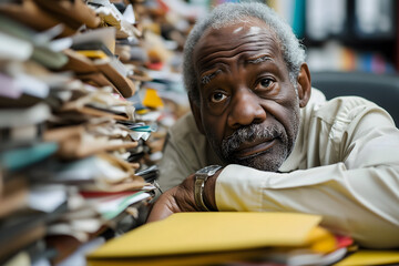 senior African American man in an office, overwhelmed by a mountains of paperwork
