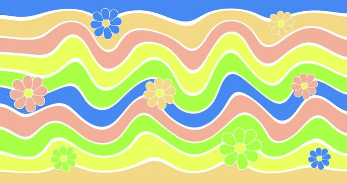 Multi-colored flowers rotate against a background of multi-colored waves. Stylization as a child's drawing. Animated background and club video. Endless cycle. A loop