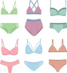 Illustration with set of pastel women's underwear. Vector collection of lingerie, bra and panties in flat style	
