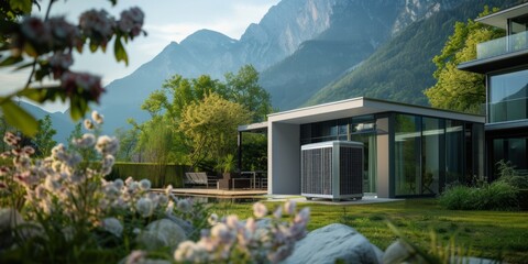 Air source heat pump installed outside, Sustainable and clean energy at home.