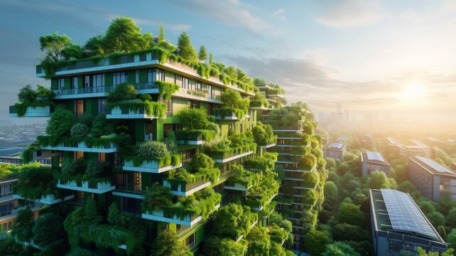 Sustainable buildings adorned with greenery create a vibrant urban ecosystem, showcasing the harmony between development and nature.