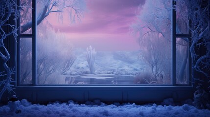The frost background on the window is in mauve. - obrazy, fototapety, plakaty