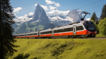 Fototapeta premium Scenic Mountain Train Journey - Explore the breathtaking Swiss Alps by train. An unforgettable journey with panoramic views of pristine landscapes.