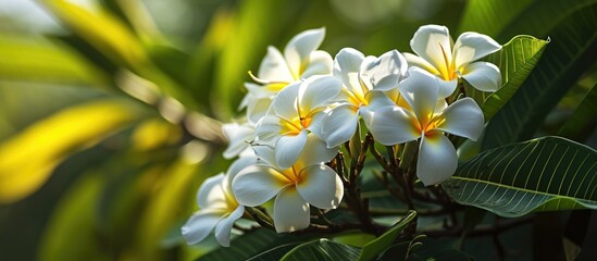 In a romantic tropical garden, a closeup of white and yellow Frangipani blossoms on lush green foliage creates a captivating floral scene.