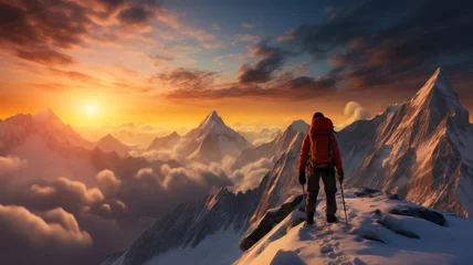 Zelfklevend Fotobehang Sunrise Summit Solitude - A lone trekker witnesses the sunrise over the serene, snowy mountains, a moment of pure solitude and beauty. © Tida