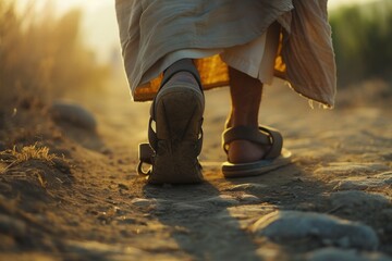 Robe and sandals on a dusty path, symbolizing the humble journey of faith. - obrazy, fototapety, plakaty