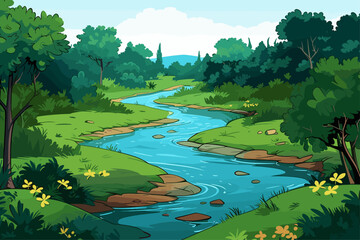 Landscape Vector Illustration of River and Mountains  - obrazy, fototapety, plakaty