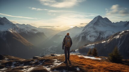 Serene Mountain Trekker - A lone hiker admires the vast beauty of the alpine landscape during golden hour, a scene of tranquil exploration.