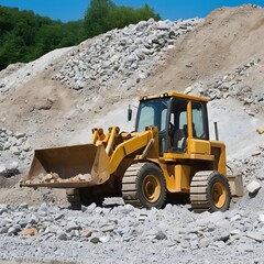 Obraz premium A bulldozer is moving rocks to create a pile at a construction site, preparing the area for the building of a new house or road
