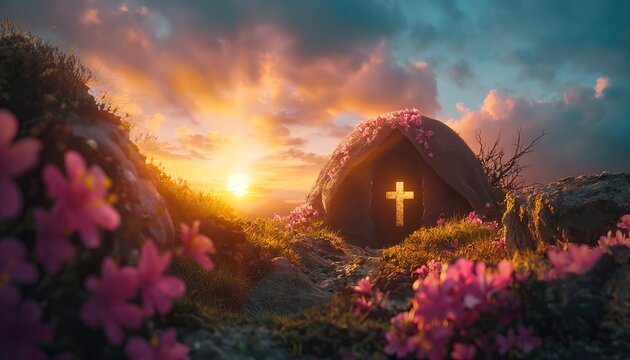 Tomb Empty With Shroud And Crucifixion At Sunrise - Resurrection Of Jesus Chris