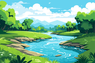 Beautiful Nature Scene with Blue River and Green Hills