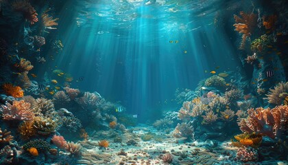 Underwater view of coral reef with fishes and rays of light. wallpaper, banner, copy space - obrazy, fototapety, plakaty