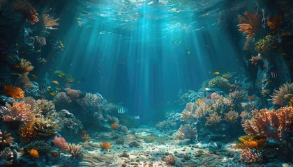 Fototapeten Underwater view of coral reef with fishes and rays of light. wallpaper, banner, copy space © Katsiaryna