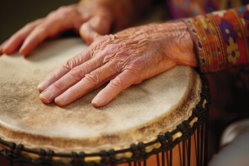 Close-up. The elderly hands of a man on a drum.