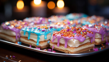 Gourmet chocolate dessert, sweet celebration, colorful decoration generated by AI