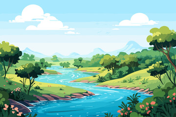 Fototapeta na wymiar Vibrant and Colorful Illustration of a River with Forest and Mountains
