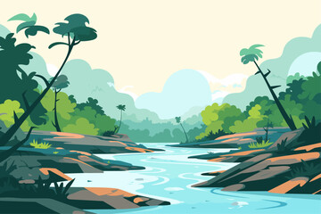 Vibrant and Colorful Illustration of a River with Forest and Mountains