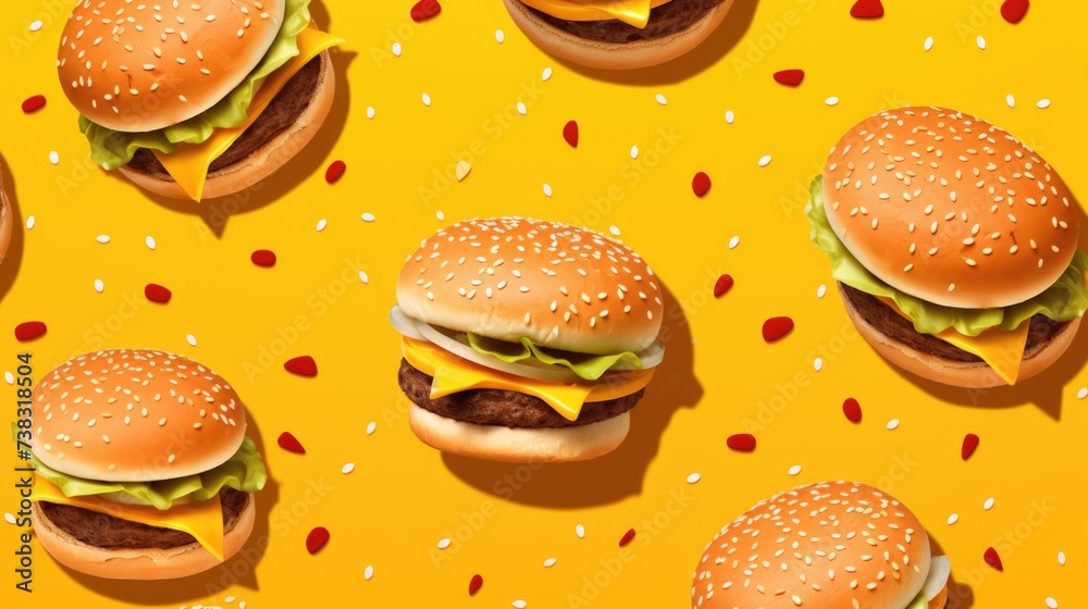 Wall mural Yellow Background with hamburgers.