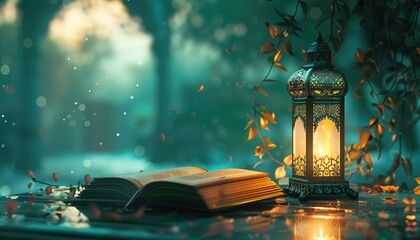 ramadan kareem holy month of muslim community background with lantern and holy book
