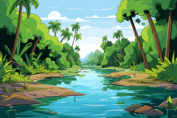 Beautiful Vector Landscape of a River Valley with Hills and Mountains