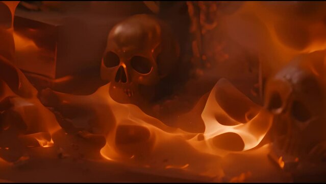 epic golden skull, going up in a burst with flames, halloween theme, AI generated animation, 