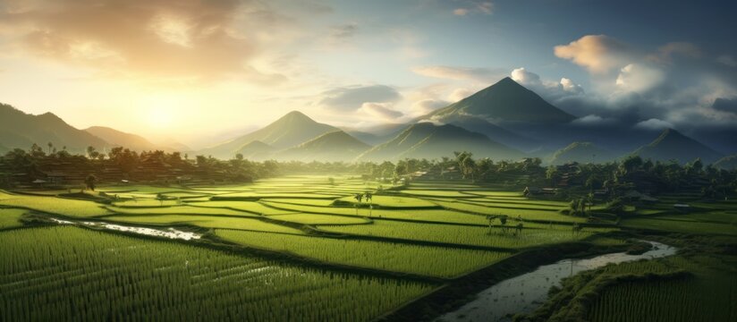 beautiful views of rice fields and mountains in Asia, beautiful colors and natural light from the sky