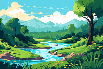 Nature Scene with Blue River, Forests, and Mountains