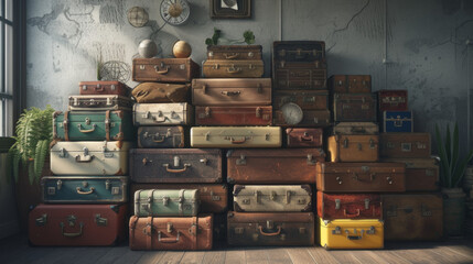 A symmetrical arrangement of vintage suitcases stacked to create a unique side table - obrazy, fototapety, plakaty