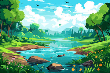 River Landscape with Green Islands and Mountain Background
