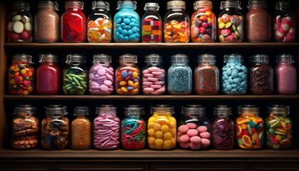Multi colored jar with variation of medicine capsules generated by AI