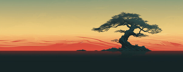 Fototapeta premium Single old tree on a beautiful sunset landscape, minimalist design, panoramic view, generated by AI
