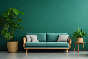 A green sofa with two plants on the sides on a dark green wall